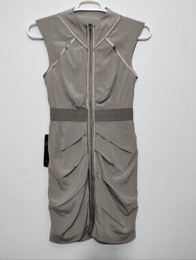 Bebe Silk Sleeveless Ruched Safari Mini Dress Womens S Tan Zip Cap Sleeve